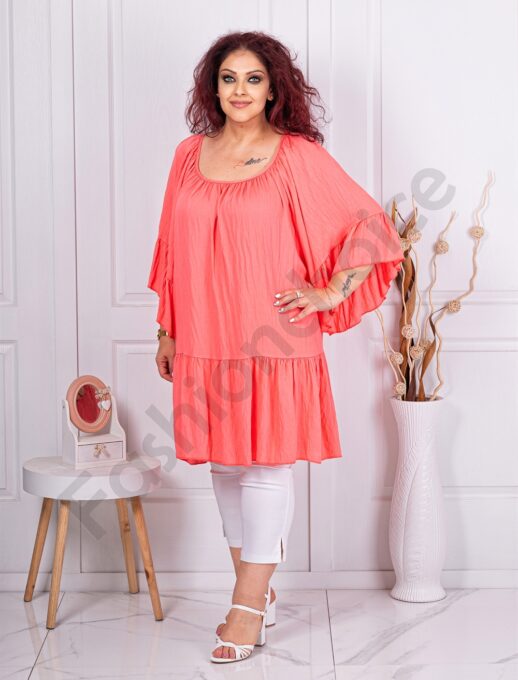 Plus size βολάν τουνίκ με τσαλακωμένη υφή-κοραλί-κωδ 6592-1