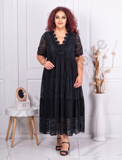 Plus size V-neck φόρεμα με δαντέλα-μαύρο-κωδ 4274