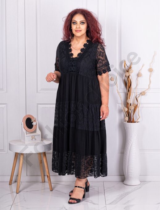 Plus size V-neck φόρεμα με δαντέλα-μαύρο-κωδ 4274