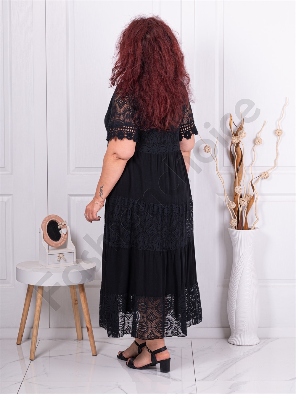 Plus size V-neck φόρεμα με δαντέλα-μαύρο-κωδ 4274