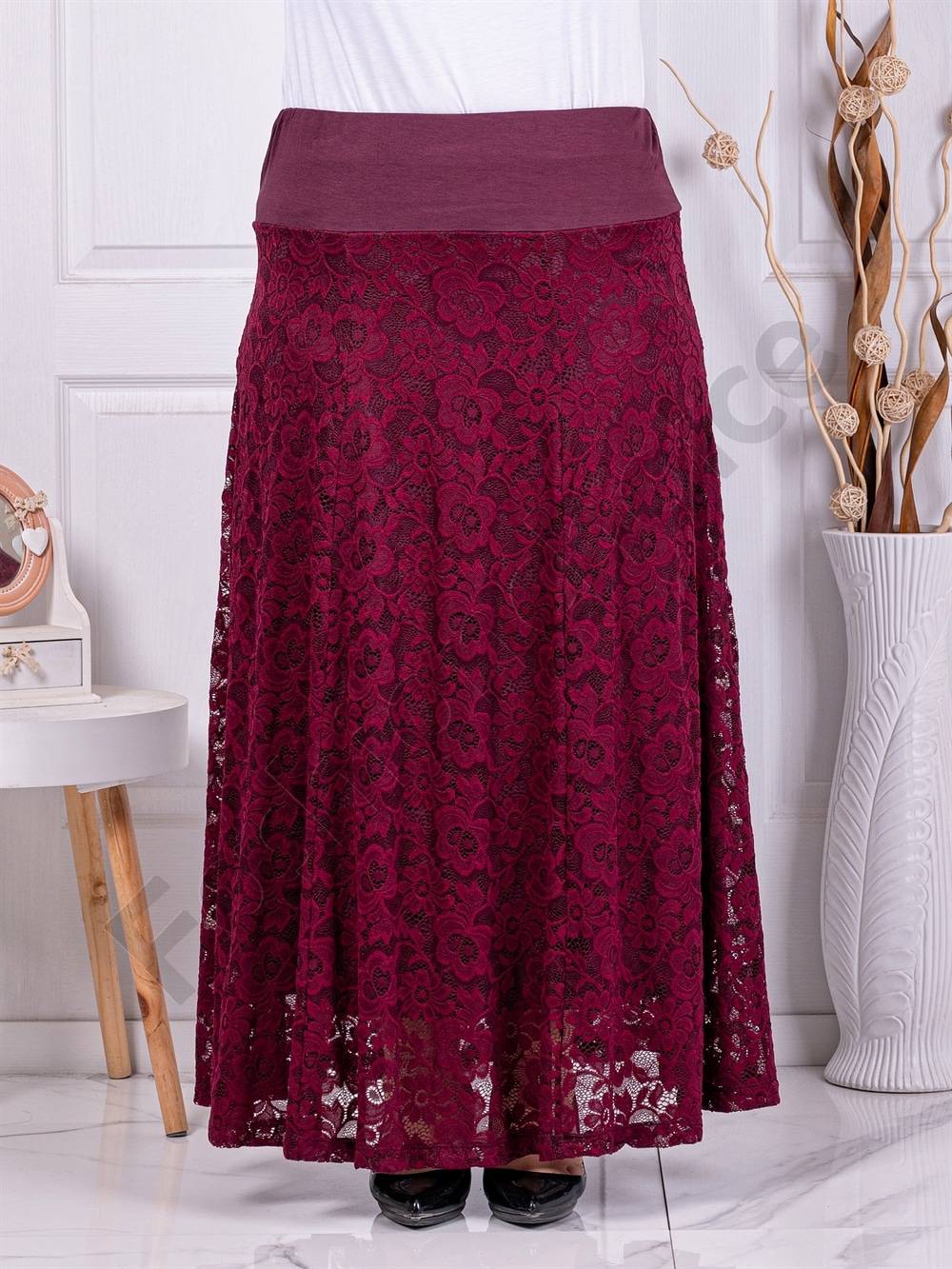 Plus size μακριά φούστα από δαντέλα-μπορντό-κωδ 24243-2