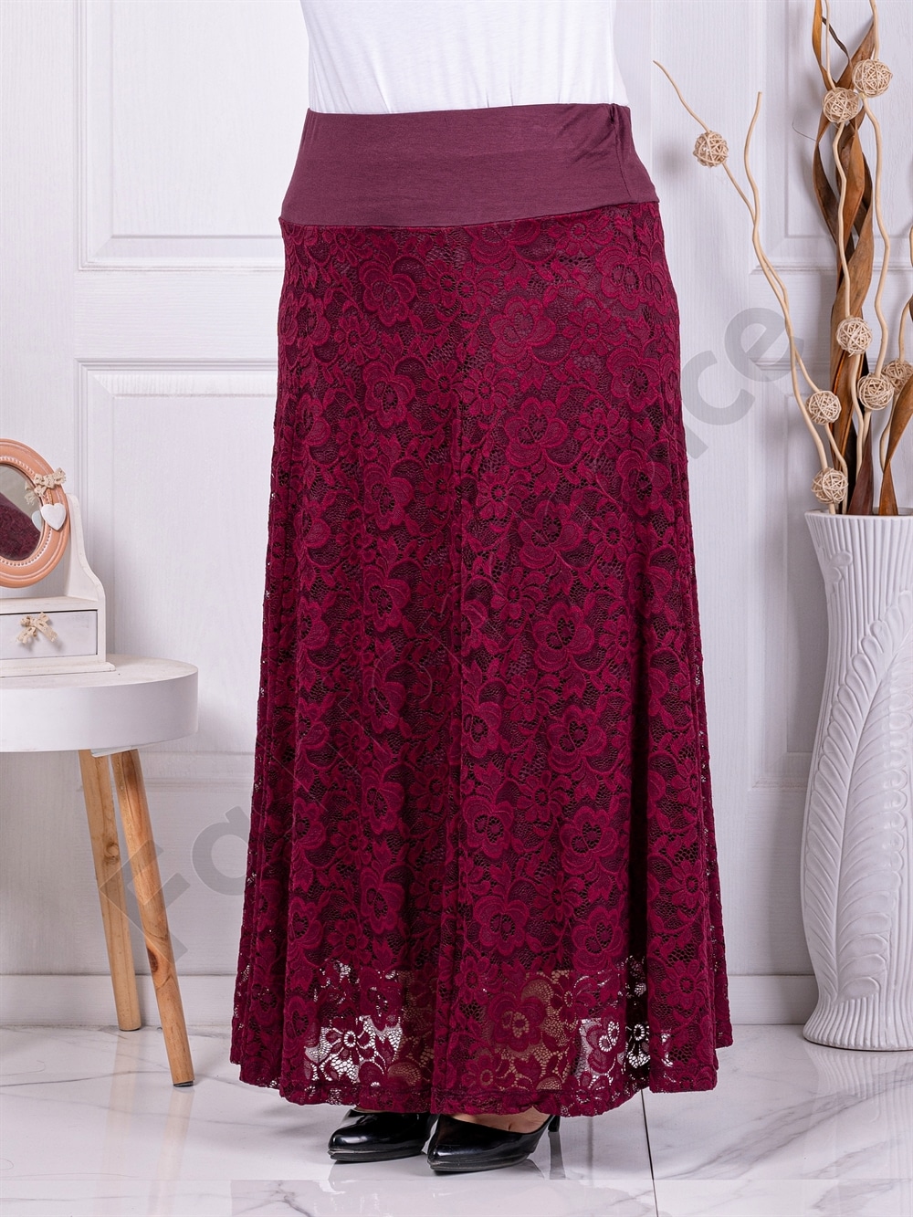 Plus size μακριά φούστα από δαντέλα-μπορντό-κωδ 24243-2