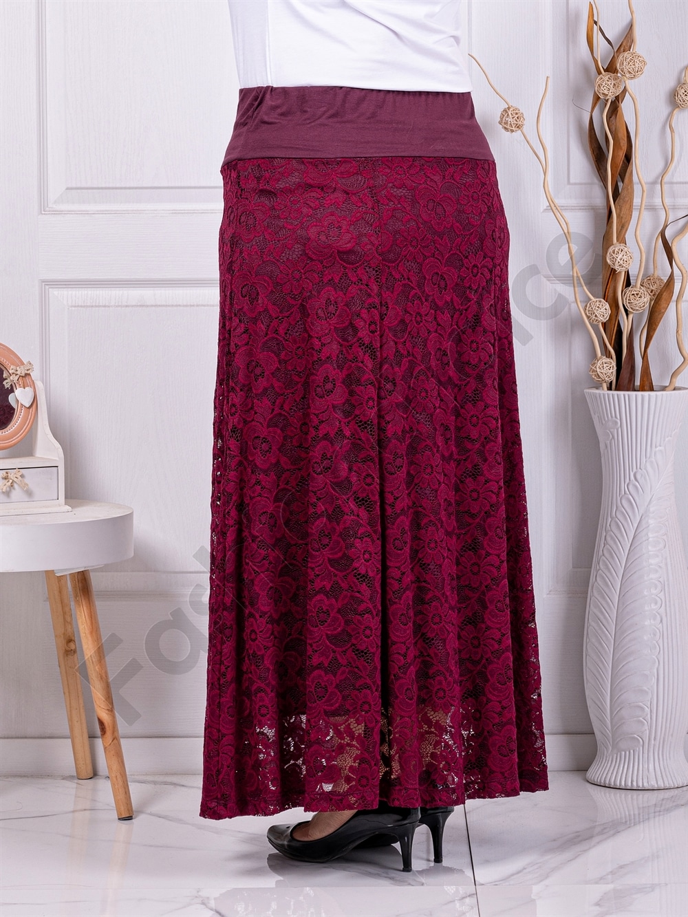 Plus size μακριά φούστα από δαντέλα-μπορντό-κωδ 24243-2