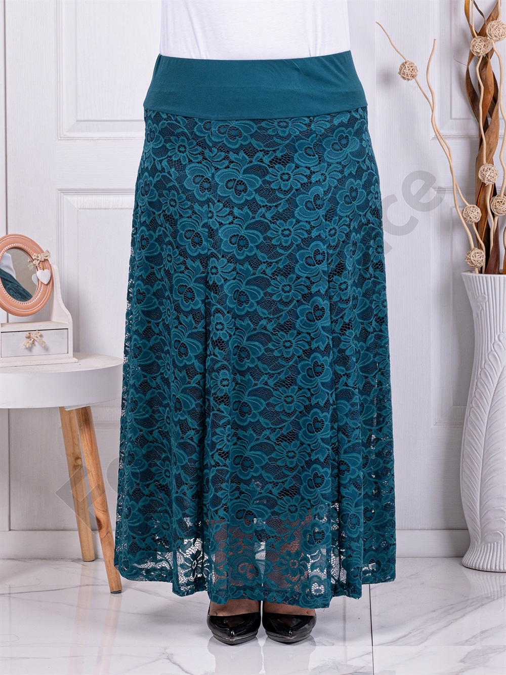 Plus size μακριά φούστα από δαντέλα-πετρόλ-κωδ 24243-3