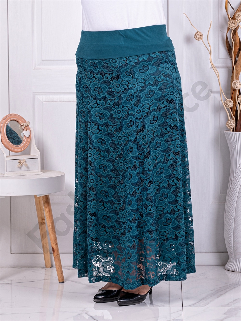 Plus size μακριά φούστα από δαντέλα-πετρόλ-κωδ 24243-3