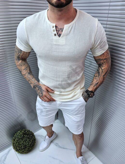 Ανδρικό βαμβακερό V-neck t-shirt-εκρού-κωδ 1265-1
