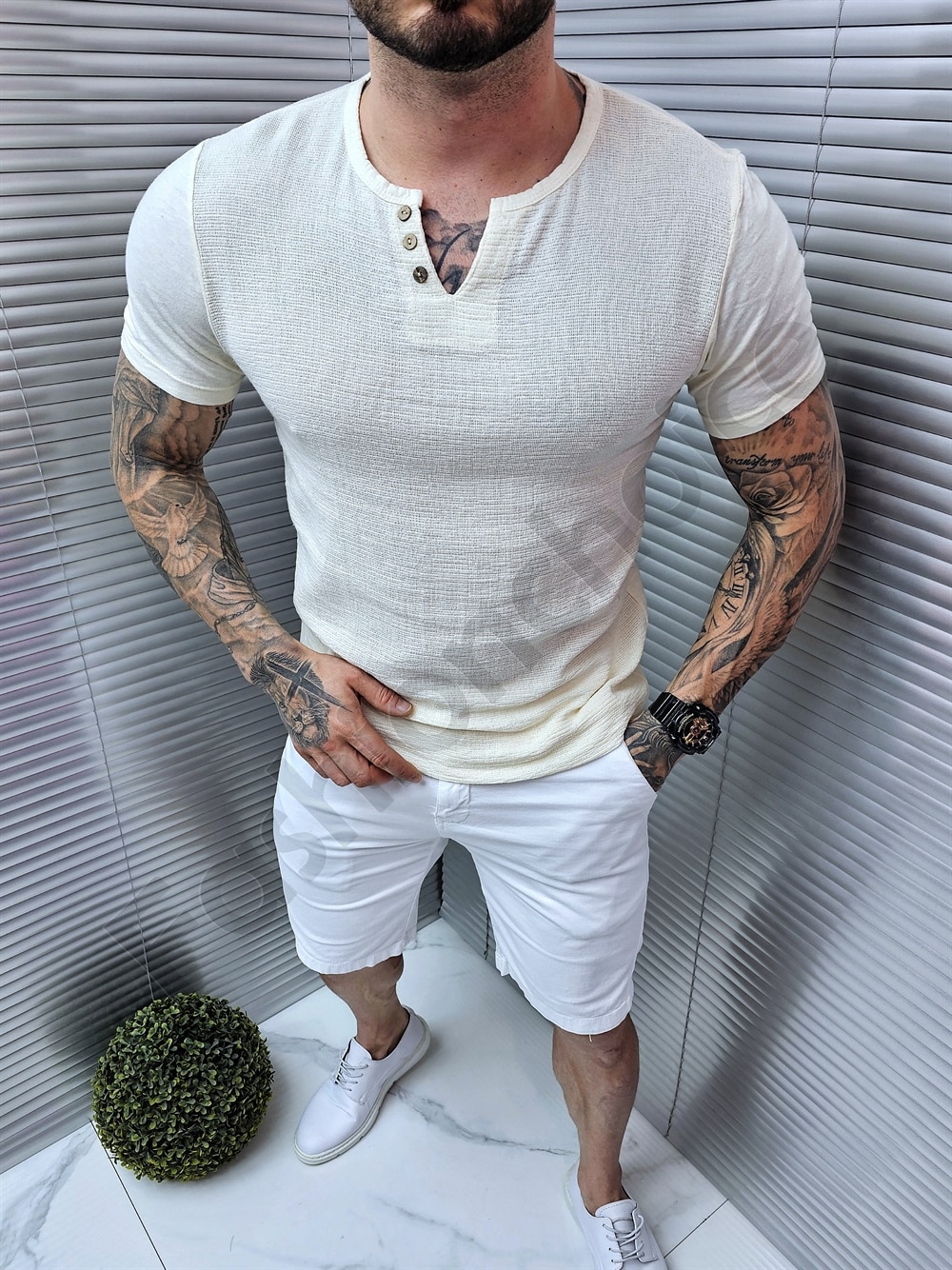 Ανδρικό βαμβακερό V-neck t-shirt-εκρού-κωδ 1265-1