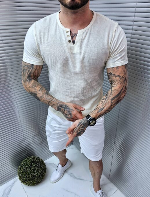 Ανδρικό βαμβακερό V-neck t-shirt-εκρού-κωδ 1265-1