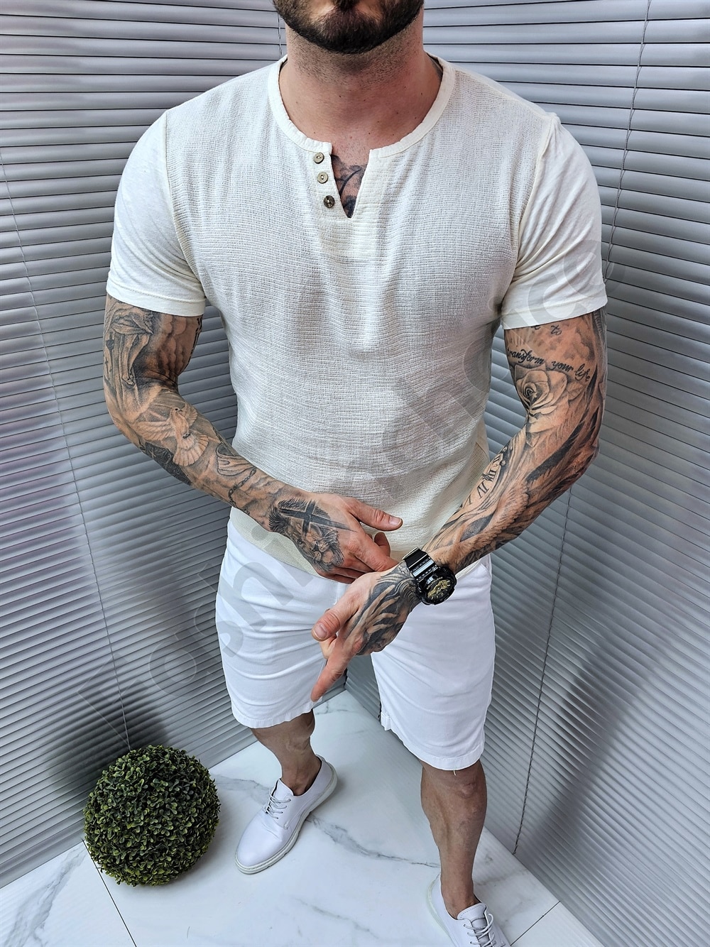Ανδρικό βαμβακερό V-neck t-shirt-εκρού-κωδ 1265-1