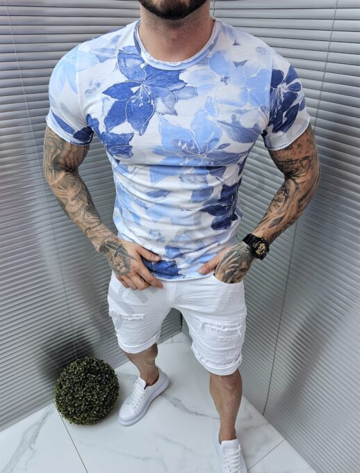 Ανδρικό T-shirt με μπλε λουλούδια-λευκό-κωδ 561-8