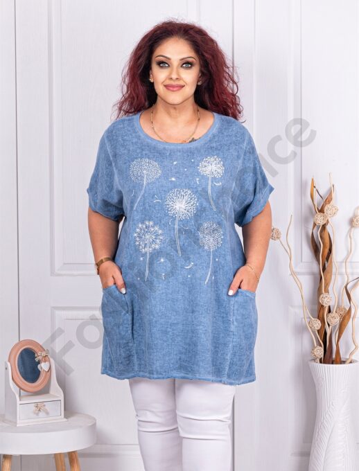 Plus size βαμβακερή-λινή μπλούζα με στάμπα πικραλίδα-γαλάζιο-κωδ 7390-1
