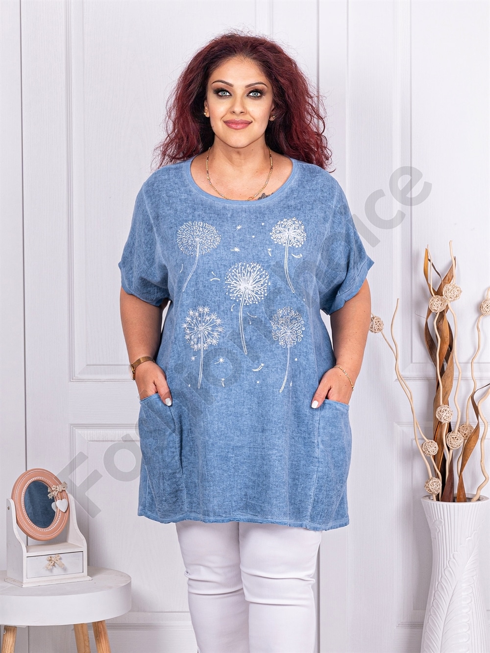 Plus size βαμβακερή-λινή μπλούζα με στάμπα πικραλίδα-γαλάζιο-κωδ 7390-1