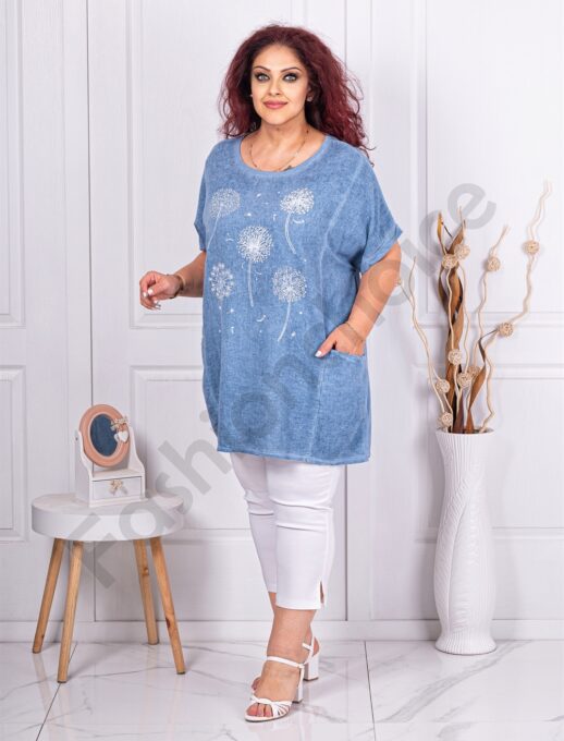 Plus size βαμβακερή-λινή μπλούζα με στάμπα πικραλίδα-γαλάζιο-κωδ 7390-1