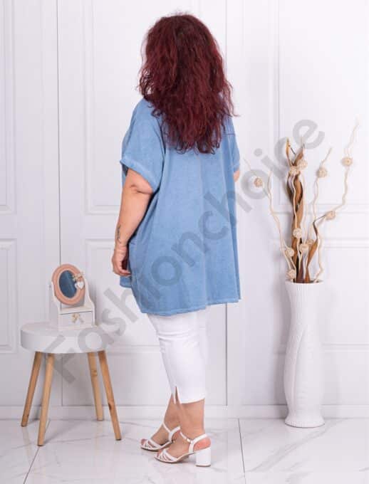 Plus size βαμβακερή-λινή μπλούζα με στάμπα πικραλίδα-γαλάζιο-κωδ 7390-1