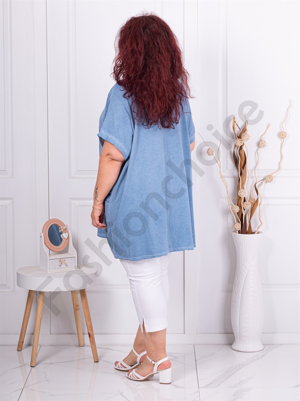 Plus size βαμβακερή-λινή μπλούζα με στάμπα πικραλίδα-γαλάζιο-κωδ 7390-1