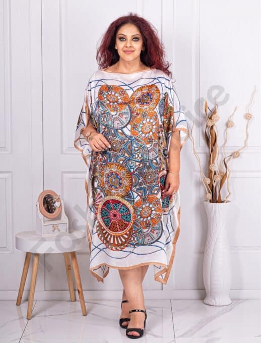 Plus size σατέν καφτάνι με τύπωμα μαντάλα-λευκό-κωδ 391-1