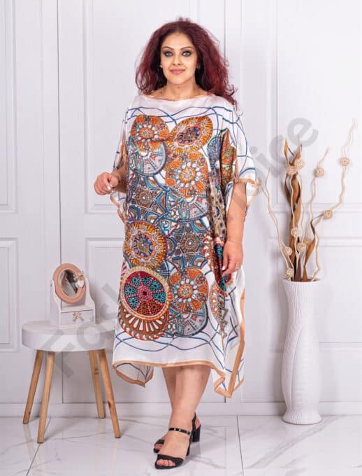 Plus size σατέν καφτάνι με τύπωμα μαντάλα-λευκό-κωδ 391-1