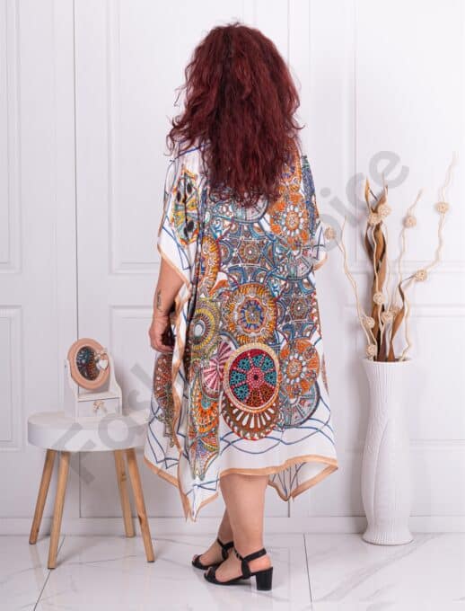 Plus size σατέν καφτάνι με τύπωμα μαντάλα-λευκό-κωδ 391-1