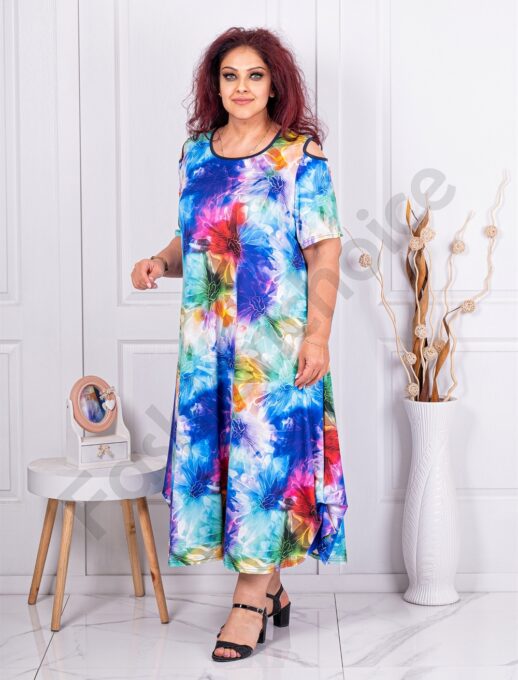 Plus size φόρεμα με άνοιγμα στους ώμους-Floral χρωματιστό-κωδ 24824-6