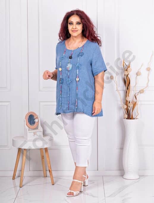 Plus size λινή μπλούζα με απλικέ λουλούδια-μπλε-κωδ 9630-5