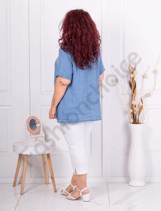 Plus size λινή μπλούζα με απλικέ λουλούδια-μπλε-κωδ 9630-5