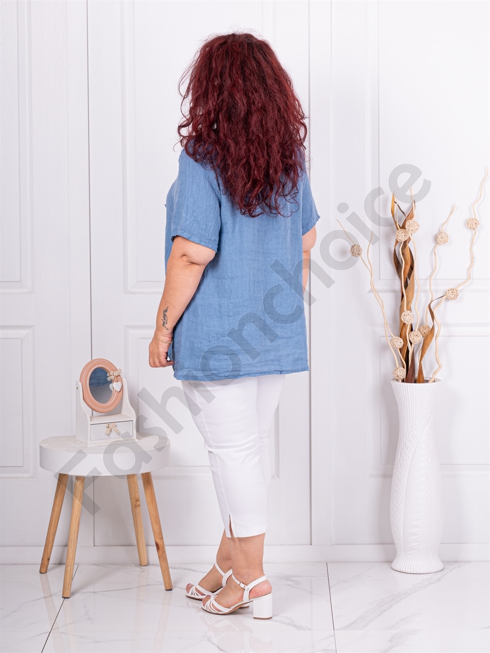 Plus size λινή μπλούζα με απλικέ λουλούδια-μπλε-κωδ 9630-5