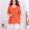 Plus size λινή μπλούζα με απλικέ λουλούδια-κεραμίδι-κωδ 9630-6