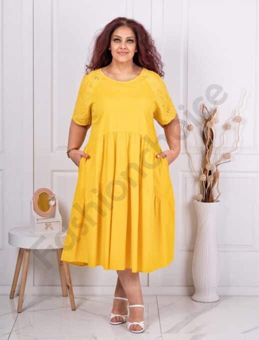 Plus size φόρεμα με τρυπητό κέντημα-κίτρινο-κωδ 241207-4