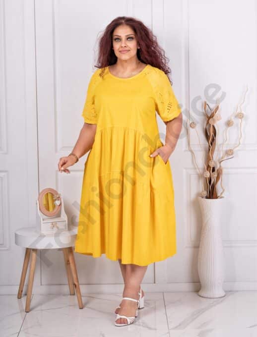 Plus size φόρεμα με τρυπητό κέντημα-κίτρινο-κωδ 241207-4