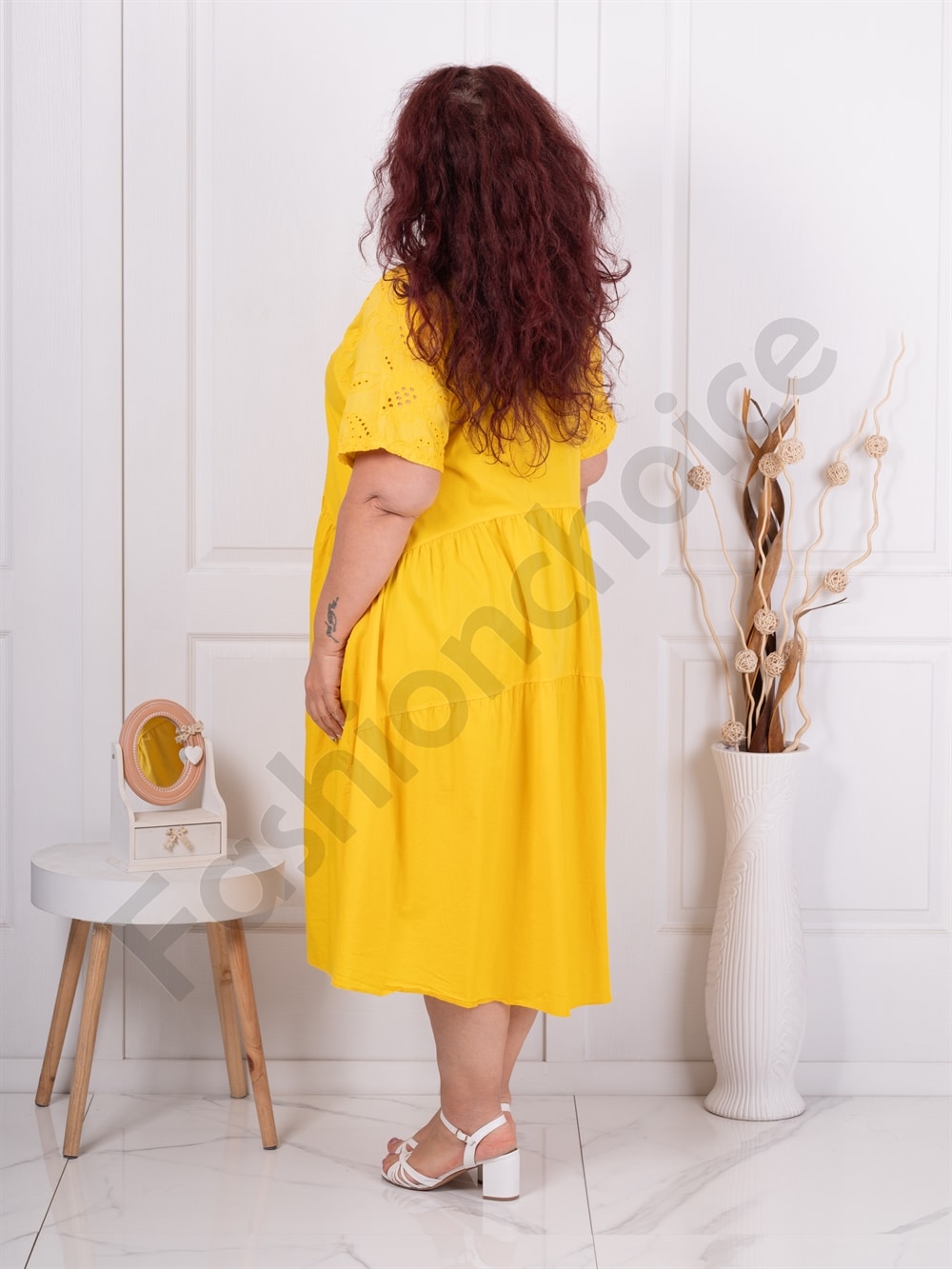 Plus size φόρεμα με τρυπητό κέντημα-κίτρινο-κωδ 241207-4