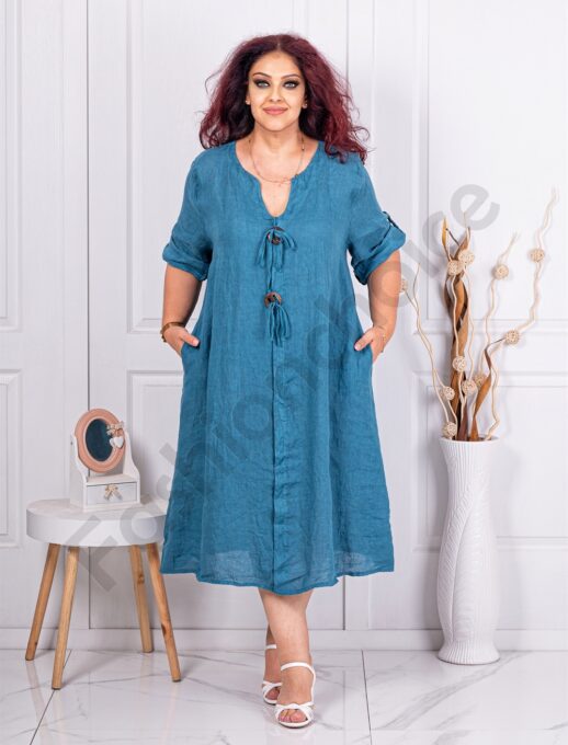 Λινό φόρεμα plus size με κουμπιά-πετρόλ-κωδ 11766-3