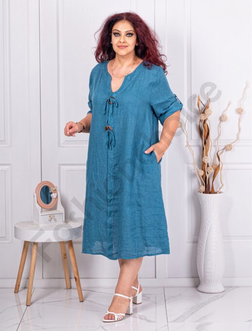 Λινό φόρεμα plus size με κουμπιά-πετρόλ-κωδ 11766-3
