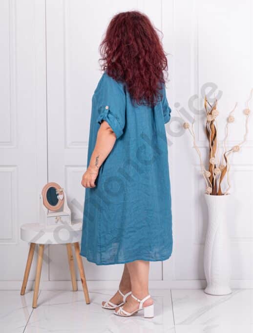 Λινό φόρεμα plus size με κουμπιά-πετρόλ-κωδ 11766-3