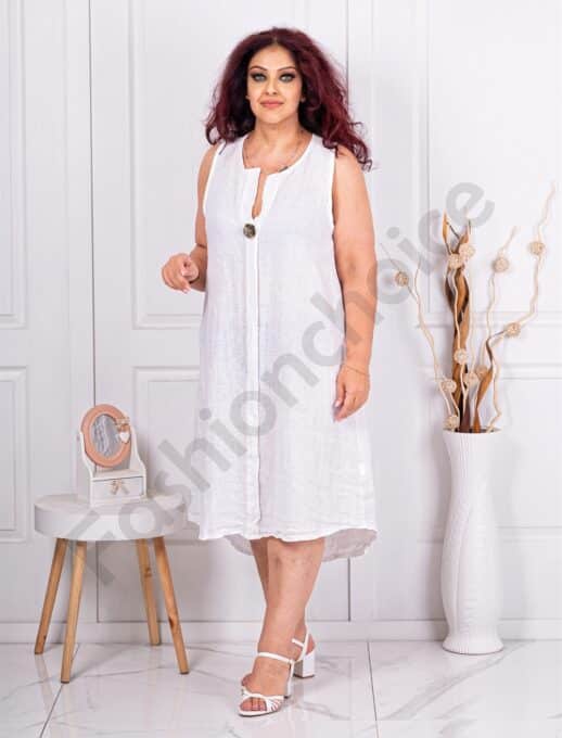 Plus size λινό αμάνικο φόρεμα-λευκό-κωδ 11355