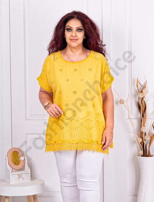 Plus size μπλούζα με τρυπητό κέντημα και δαντέλα-μουσταρδί-κωδ 241139-6