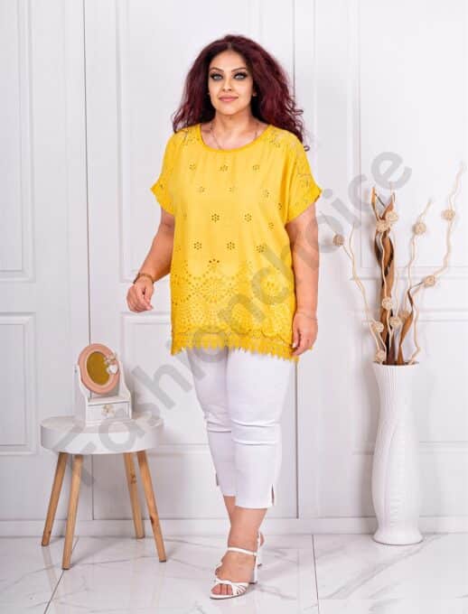 Plus size μπλούζα με τρυπητό κέντημα και δαντέλα-μουσταρδί-κωδ 241139-6