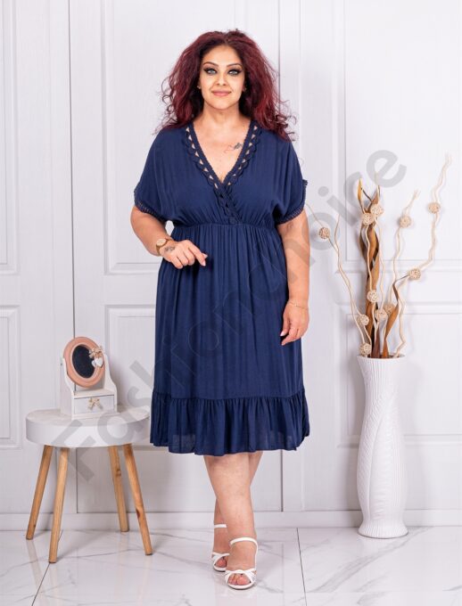 Plus size κρουαζέ φόρεμα με βολάν-μπλε-κωδ 3275-3