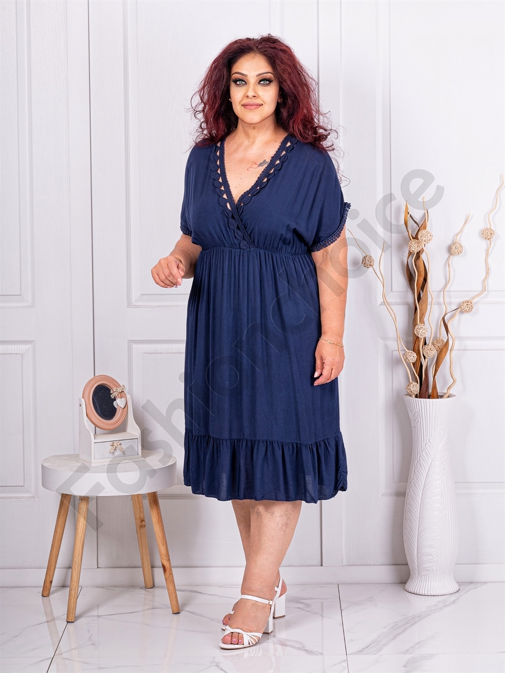 Plus size κρουαζέ φόρεμα με βολάν-μπλε-κωδ 3275-3