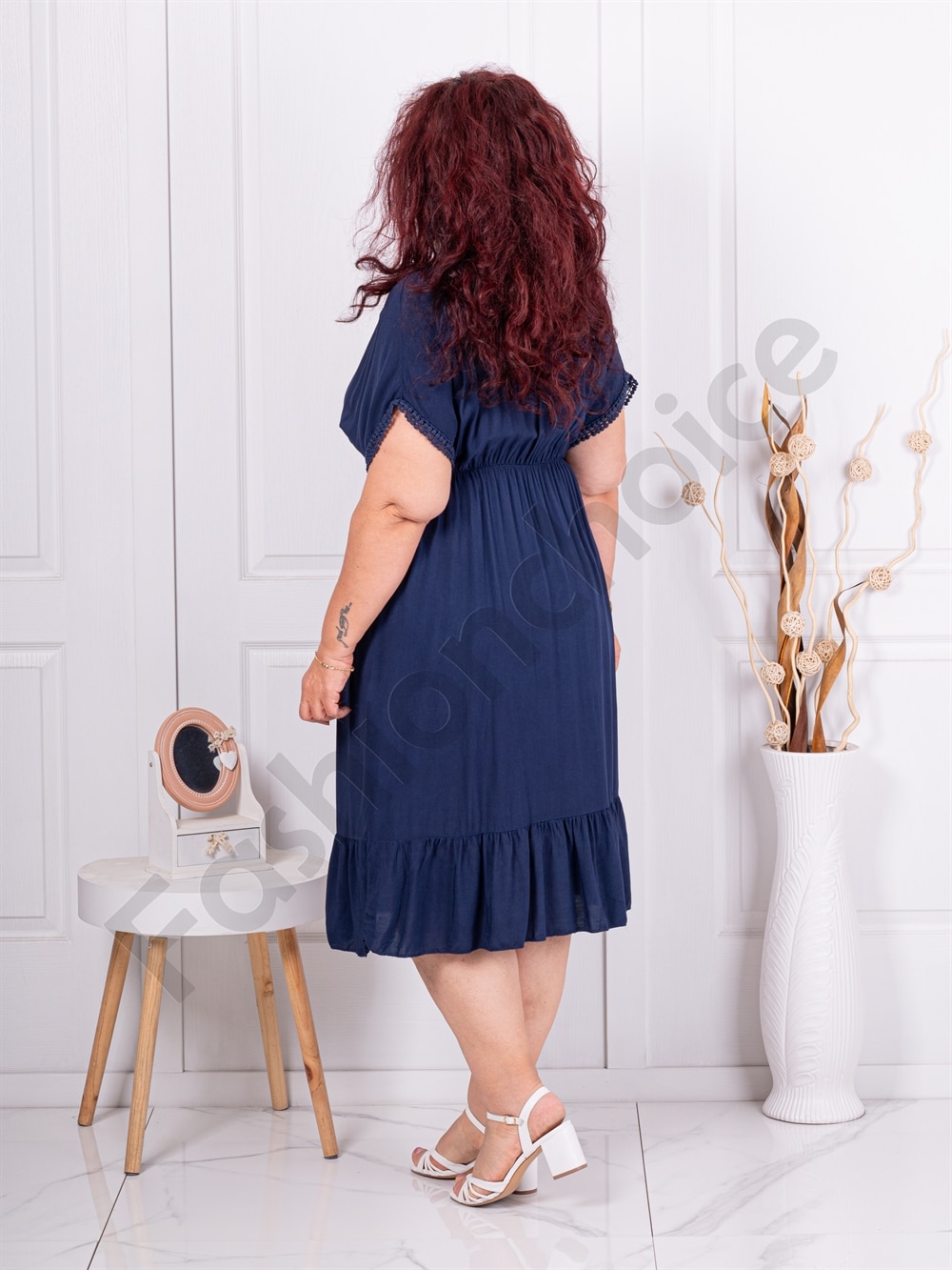 Plus size κρουαζέ φόρεμα με βολάν-μπλε-κωδ 3275-3