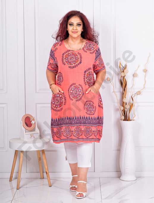 Plus size μακριά τουνίκ με μοτίβα-κοραλί-κωδ 12232-1
