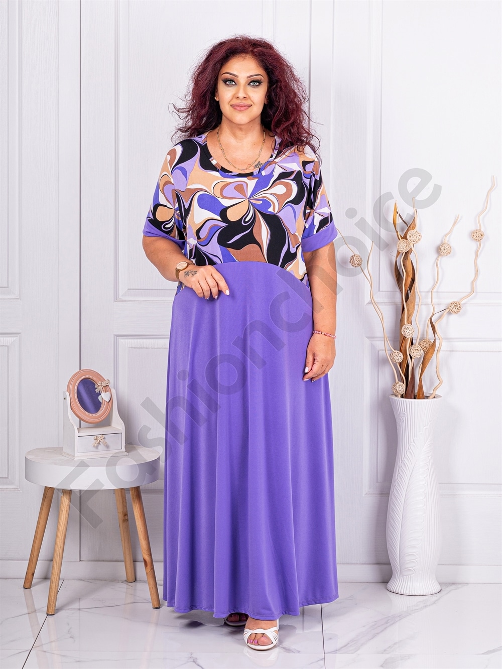 Μάξι plus size φόρεμα με φλοράλ σχέδιο-λιλά-κωδ 6401-10