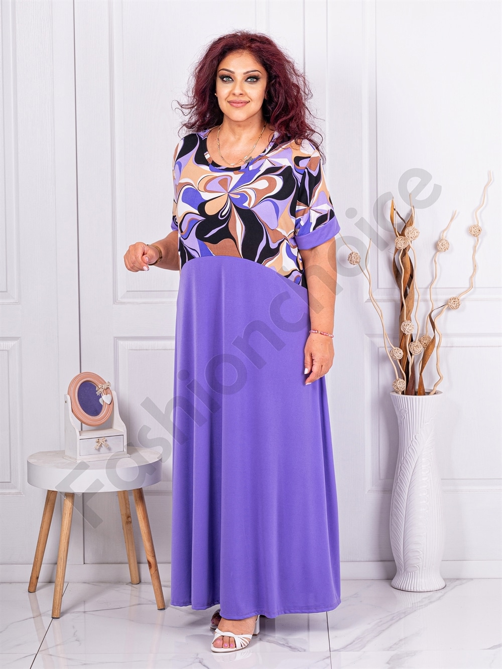 Μάξι plus size φόρεμα με φλοράλ σχέδιο-λιλά-κωδ 6401-10