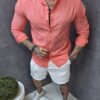 Ιταλικό ανδρικό 100% λινό πουκάμισο με μάο γιακά-κοραλί-κωδ 15333-1