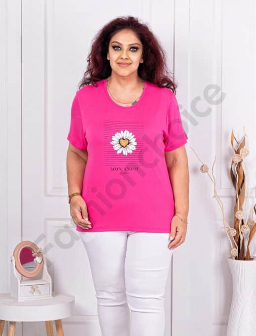 Plus size κοντομάνικη μπλούζα με τύπωμα μαργαρίτα-φούξια-κωδ 24178-6
