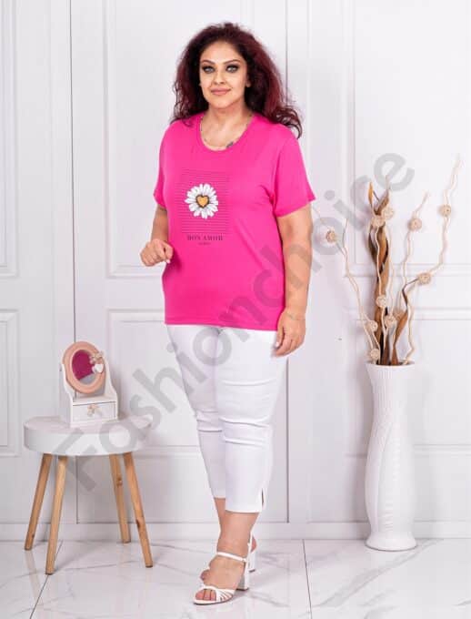 Plus size κοντομάνικη μπλούζα με τύπωμα μαργαρίτα-φούξια-κωδ 24178-6