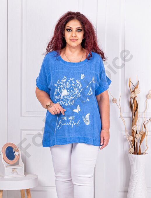 Plus size βαμβακερή μπλούζα με τύπωμα πεταλούδες-μπλε-κωδ 1062-2