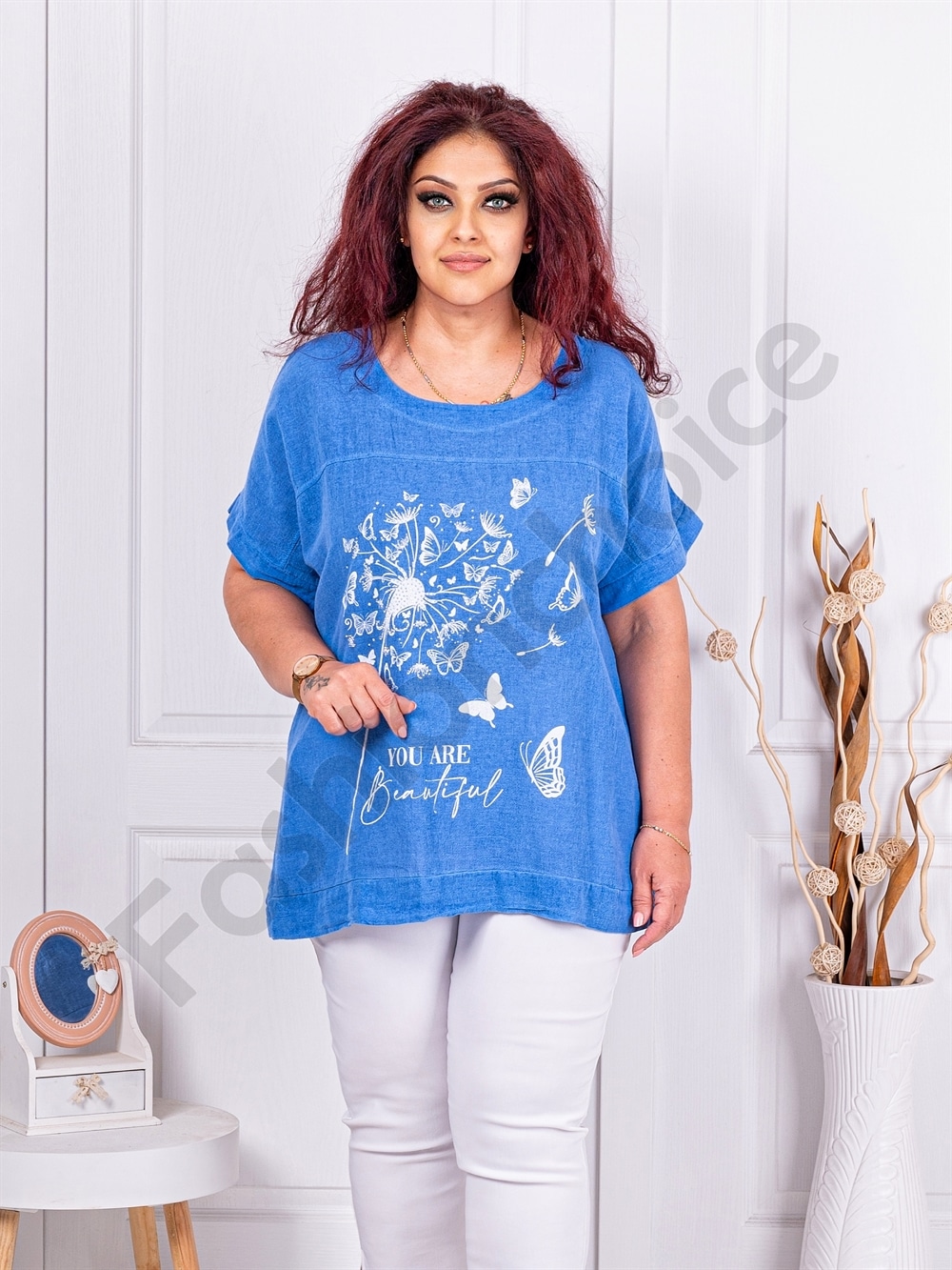 Plus size βαμβακερή μπλούζα με τύπωμα πεταλούδες-μπλε-κωδ 1062-2