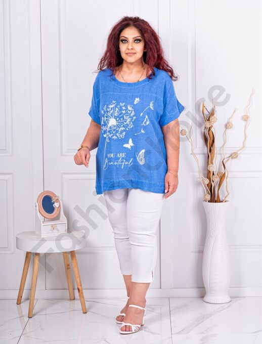 Plus size βαμβακερή μπλούζα με τύπωμα πεταλούδες-μπλε-κωδ 1062-2