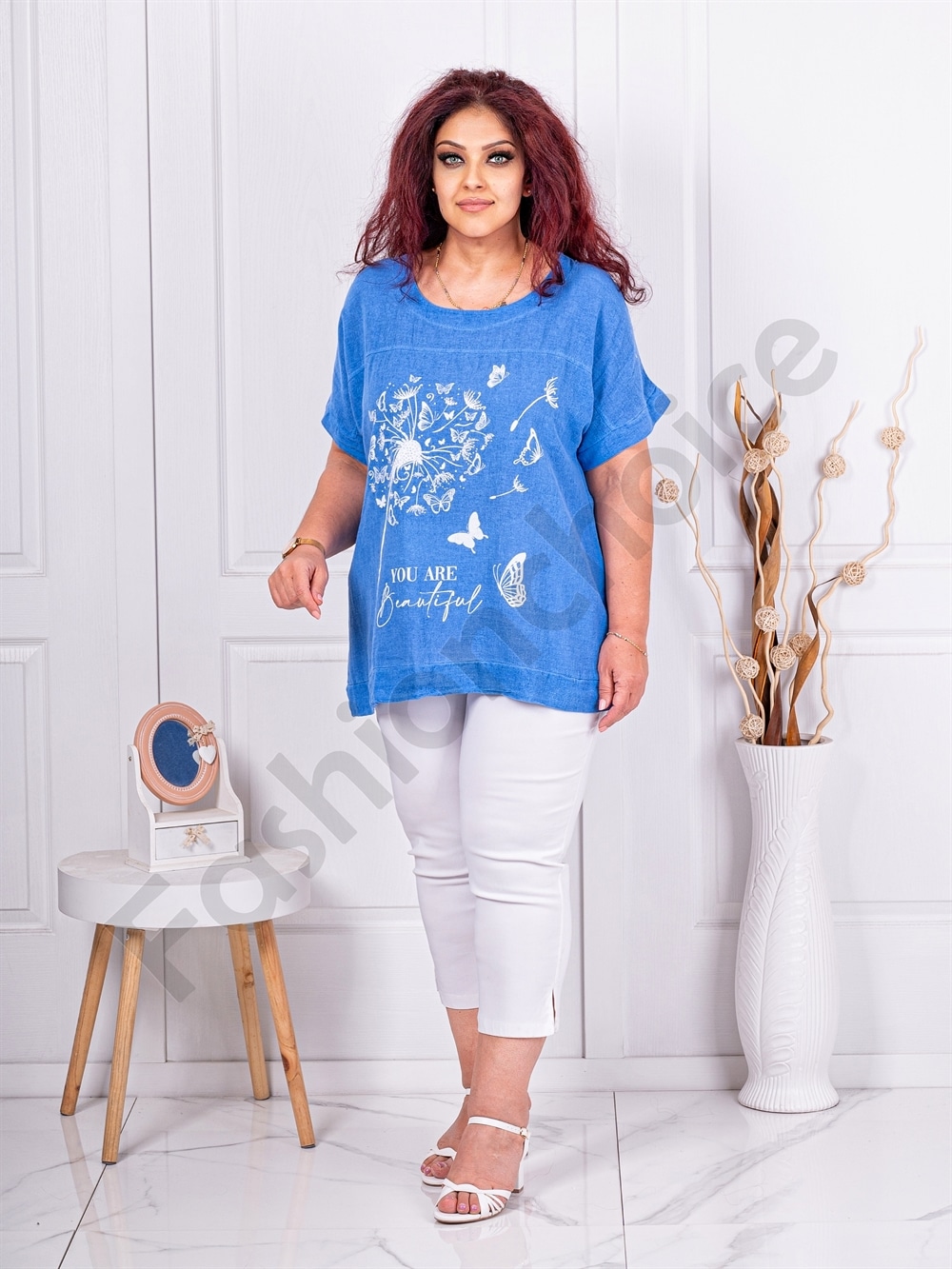 Plus size βαμβακερή μπλούζα με τύπωμα πεταλούδες-μπλε-κωδ 1062-2