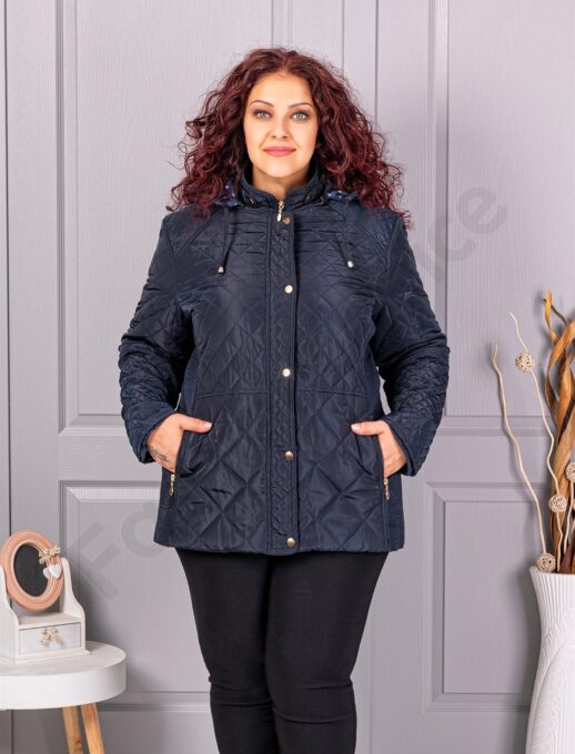 Plus size μπουφάν με κουκούλα-μπλε σκούρο-κωδ 5606-3